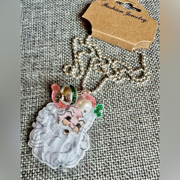 New Festive Pink Christmas Acrylic Santa Claus Shimmer Statement 18” Necklace - Picture 6 of 11